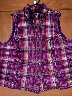 Lands' End Plaid Puffer Vest Womens 2X Purple Beige 80% Down Snap Front Pockets